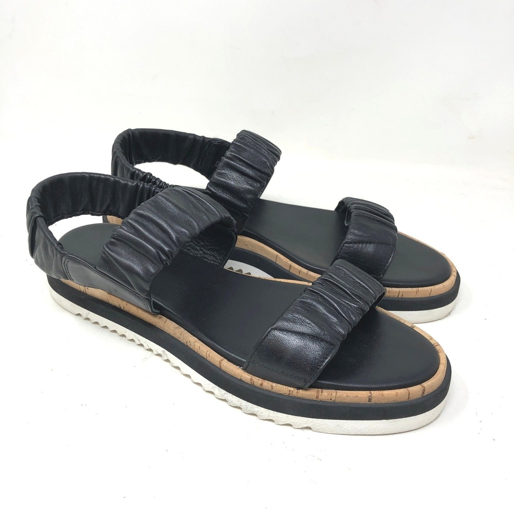 AGL Womens 40 Ruched Slingback Platform Sandals‎ Black Leather Two Strap Stretch